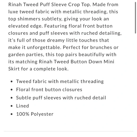 Rinah Tweed Puff Sleeve Crop Top Small - Picture 2 of 5